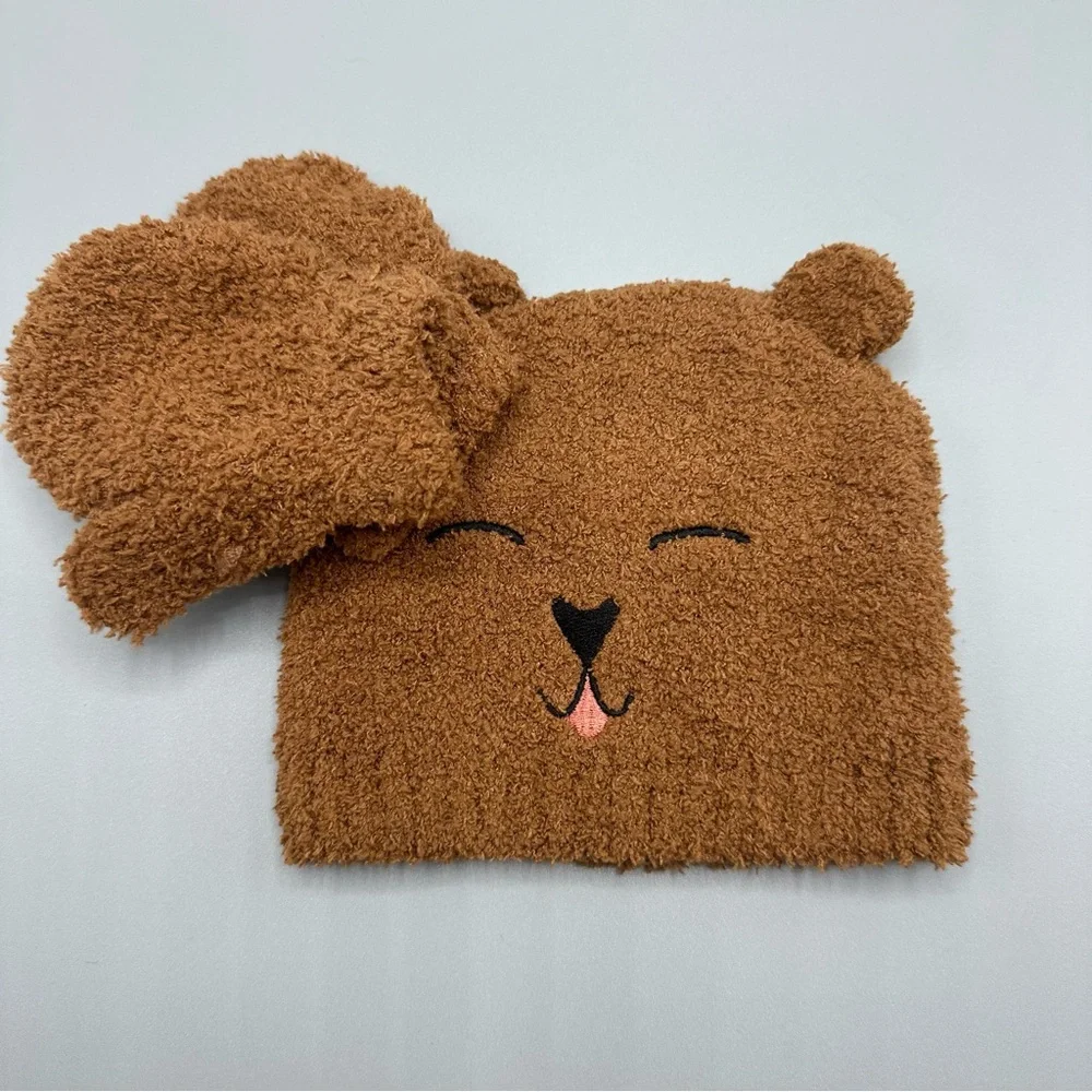 Toby & Me Teddy Bear Winter Beanie Hat Mittens Set Size 6-12 Months Brown